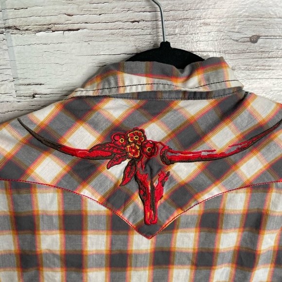 Wrangler brown red floral plaid blouse top size large western - Picture 9 of 14